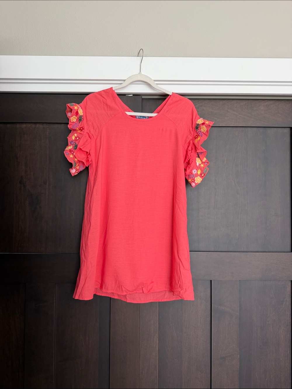Truly Me Nordstrom Ruffle Sleeve Coral Dress Embroidered Floral Trim size 12